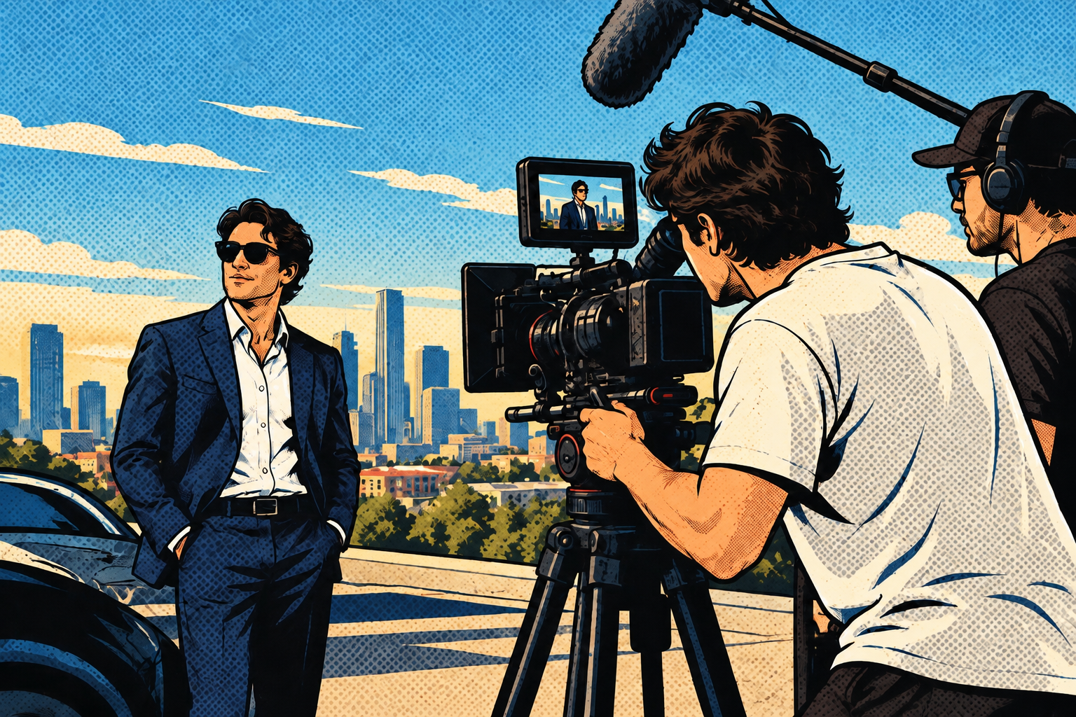 Illustrated behind-the-scenes still of a commercial shoot