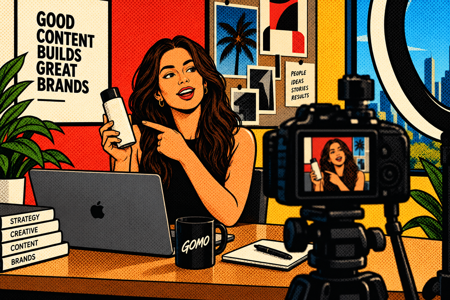 Illustrated still of a content shoot for a founder-led brand