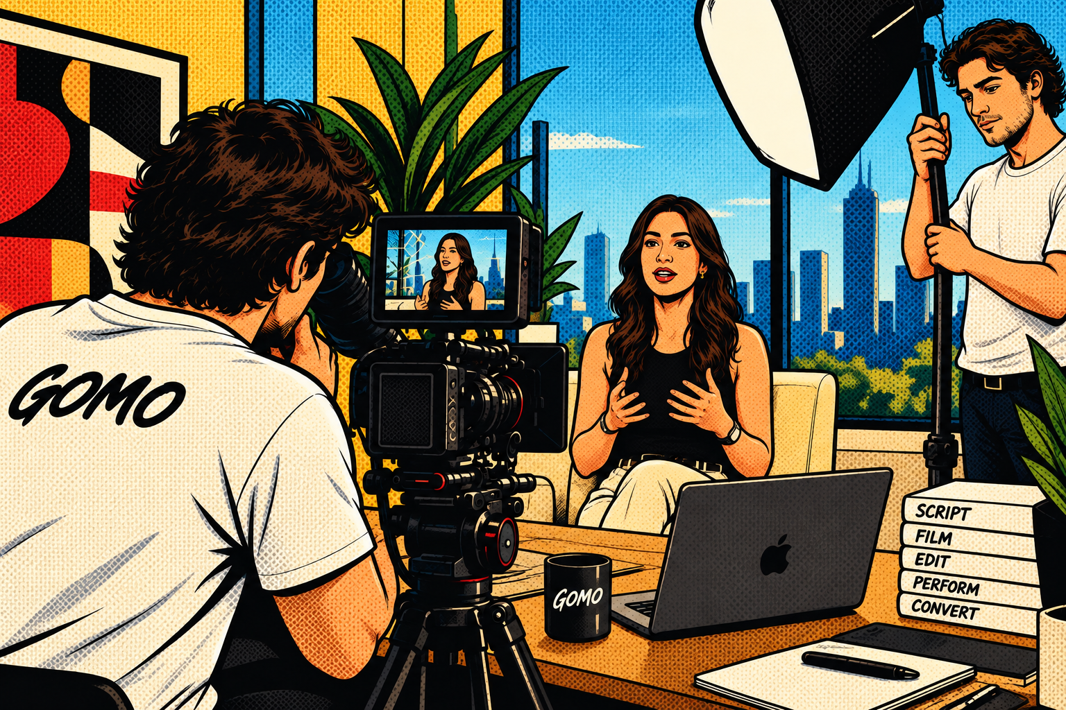 Illustrated still of a video sales letter shoot on location